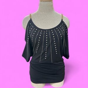 Y2K Black Studded Cold Shoulder Top with Chain Strap